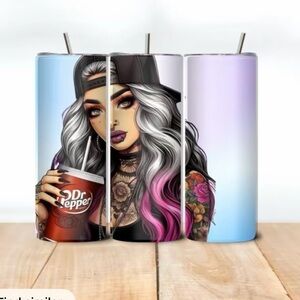 Colorful Tattooed Woman Tumbler with Dr Pepper. NWOT